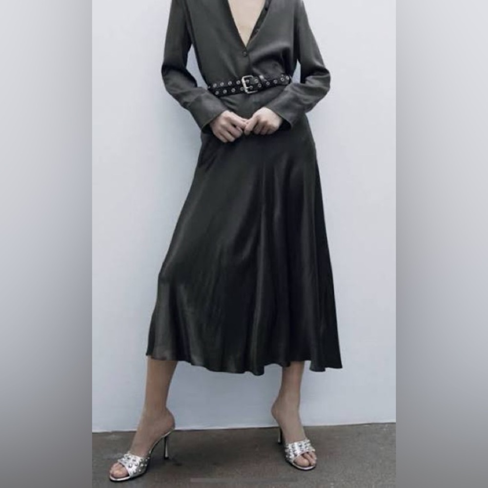 ZARA New Satin Effect Midi Skirt Dark BROWN